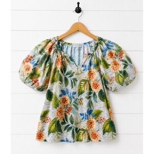 Status by Chenault Floral Puff Sleeve Top V-Neck Orange Green XL Boho V Neck